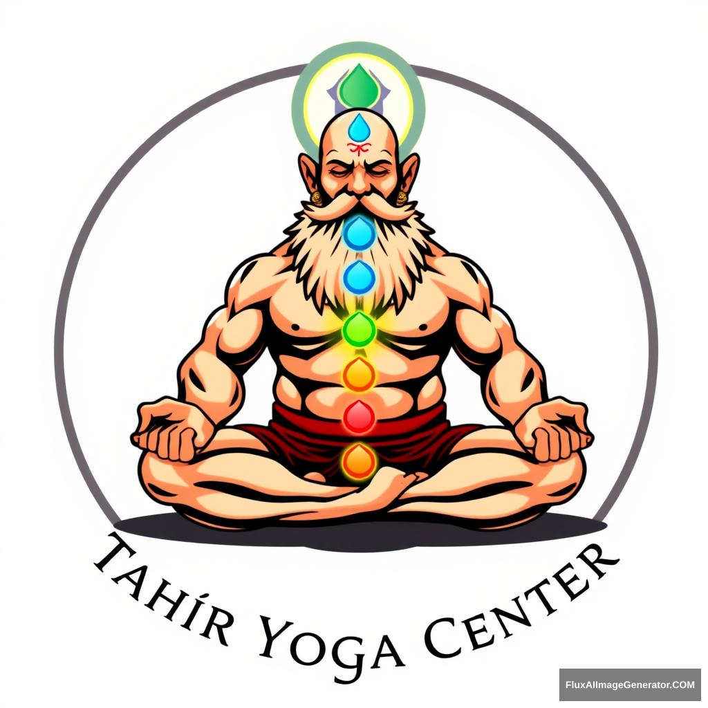 Tahir Yoga Center logo: a muscular, large bald dwarf with a beard in the lotus position exchanges energies from the chakras with a woman. - Image