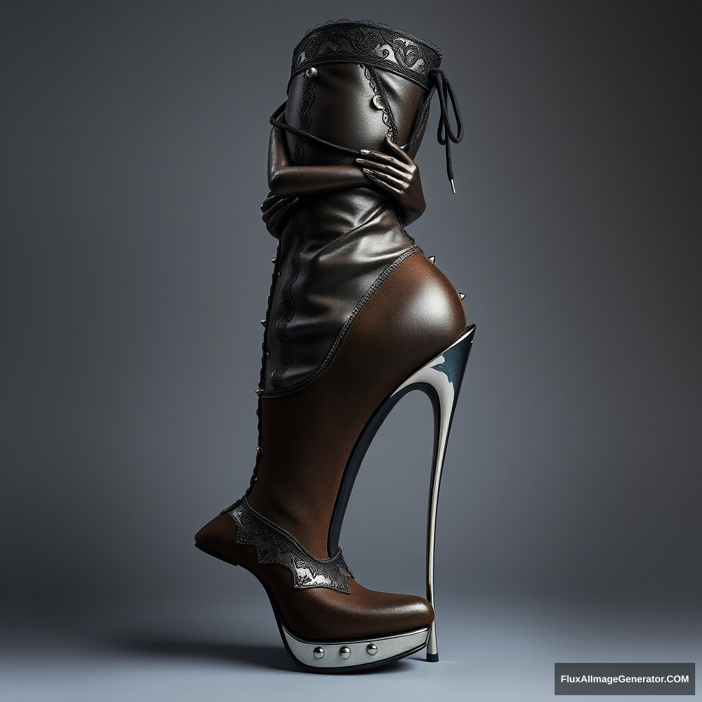 A high-fashion stiletto boot with a unique heel that represents a metallic sculpture of an entire woman's body in an artistic and sexy pose, embracing the boot's body, featuring intricate details, leather, suede parts, nails, and lace. - Image