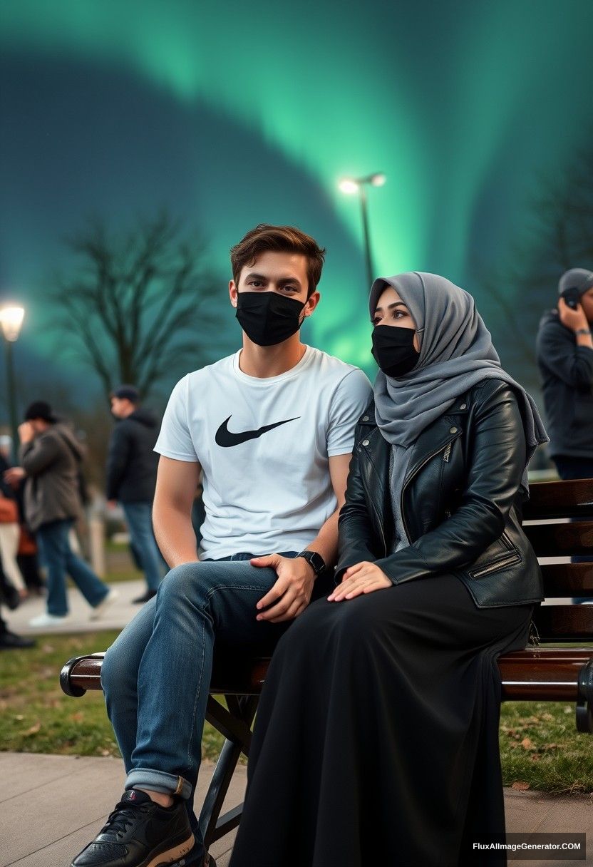 Jamie Dornan, tall, young, black face mask, white Nike t-shirt, jeans, 

dating romantically with a grey hijab Muslim girl, beautiful eyes, black face mask, leather jacket, very long and big skirt, not a tall girl, 

sitting together on a park bench, talking to each other, in town, strangers in the background, photorealistic, street photography, selfie photos, night scenery, aurora borealis. - Image