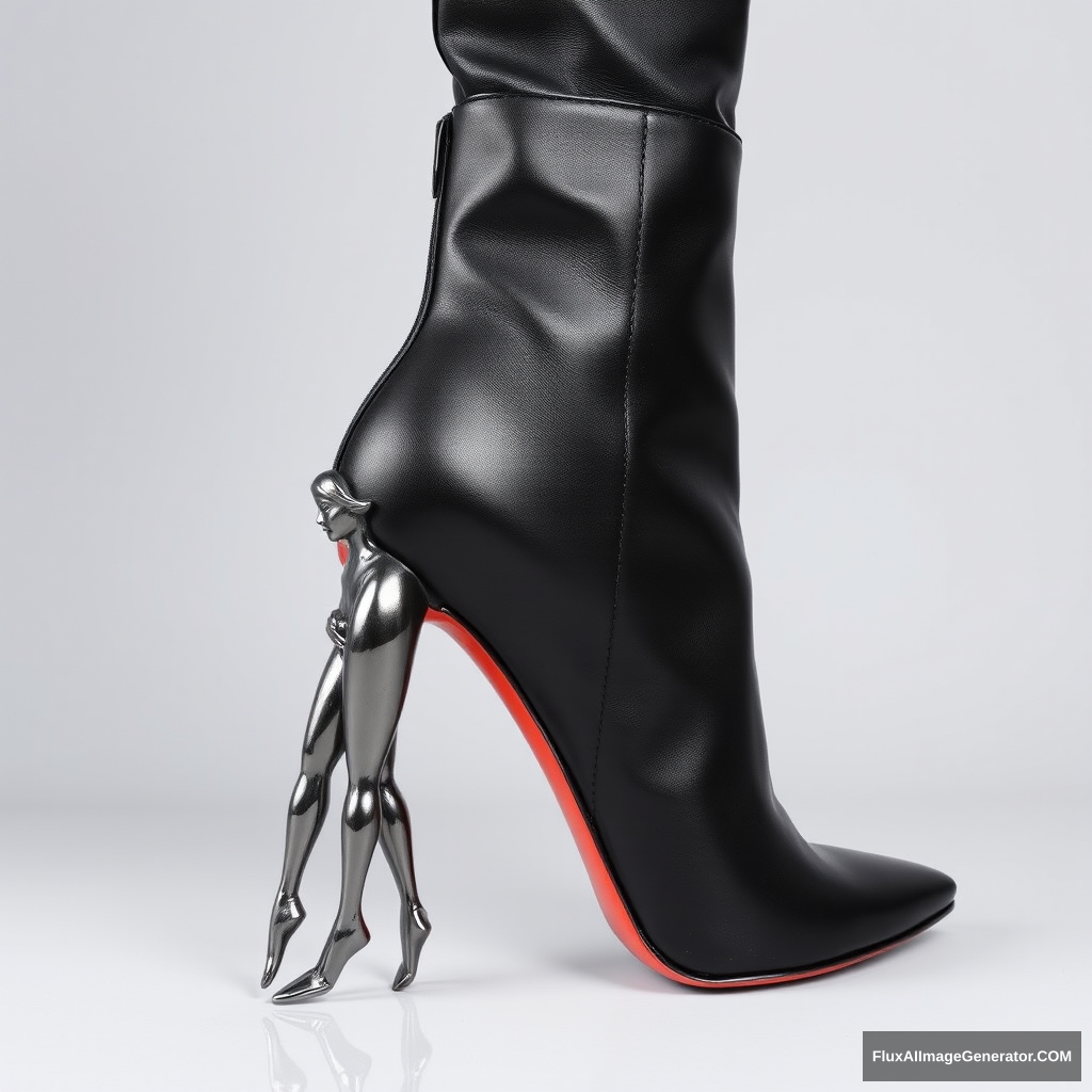 A high-fashion stiletto boot with a sleek, leather upper and a unique heel designed as a metallic sculpture of a woman's body in an artistic and sexy pose. The heel features the detailed, life-like figure of a woman, with the torso and legs forming the structure. The rest of the boot is made of traditional material, like leather, while only the heel is a reflective metal, highlighting the intricate design. The background is minimalist, ensuring the sculpted heel remains the focal point.