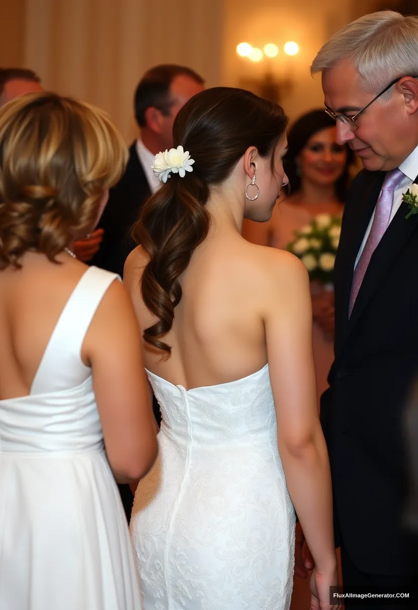 A petite young woman, sensitive, delicate, girly, backless strapless side-less low-waisted cut contouring wedding dress. Fawning obediently mingling with fathers. Expectations. Perfect posture. Pale skin.