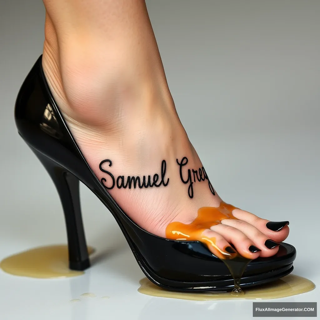 The name "Samuel Greg" on a woman's foot in a black high heel. There is oil all over the foot. - Image