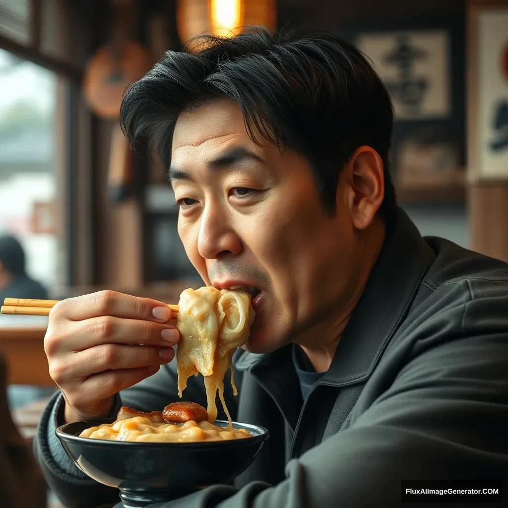 A Korean man in his 40s, an actor, is deliciously eating galbitang at a traditional Korean restaurant. He has realistic features, black hair, and a part.