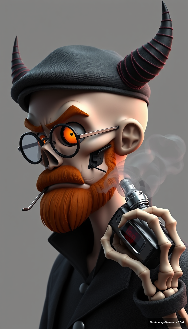 Three-quarter view of a sinister, bald cartoon human male with subtle necromancer features. Demonic obsidian horns contrast with a short, fiery ginger beard. Weathered flat cap and aviator glasses, hellfire glowing eyes. Skeletal fingers clutch a chrome vape mod, exhaling dense, swirling vapor clouds. 3D rendered.