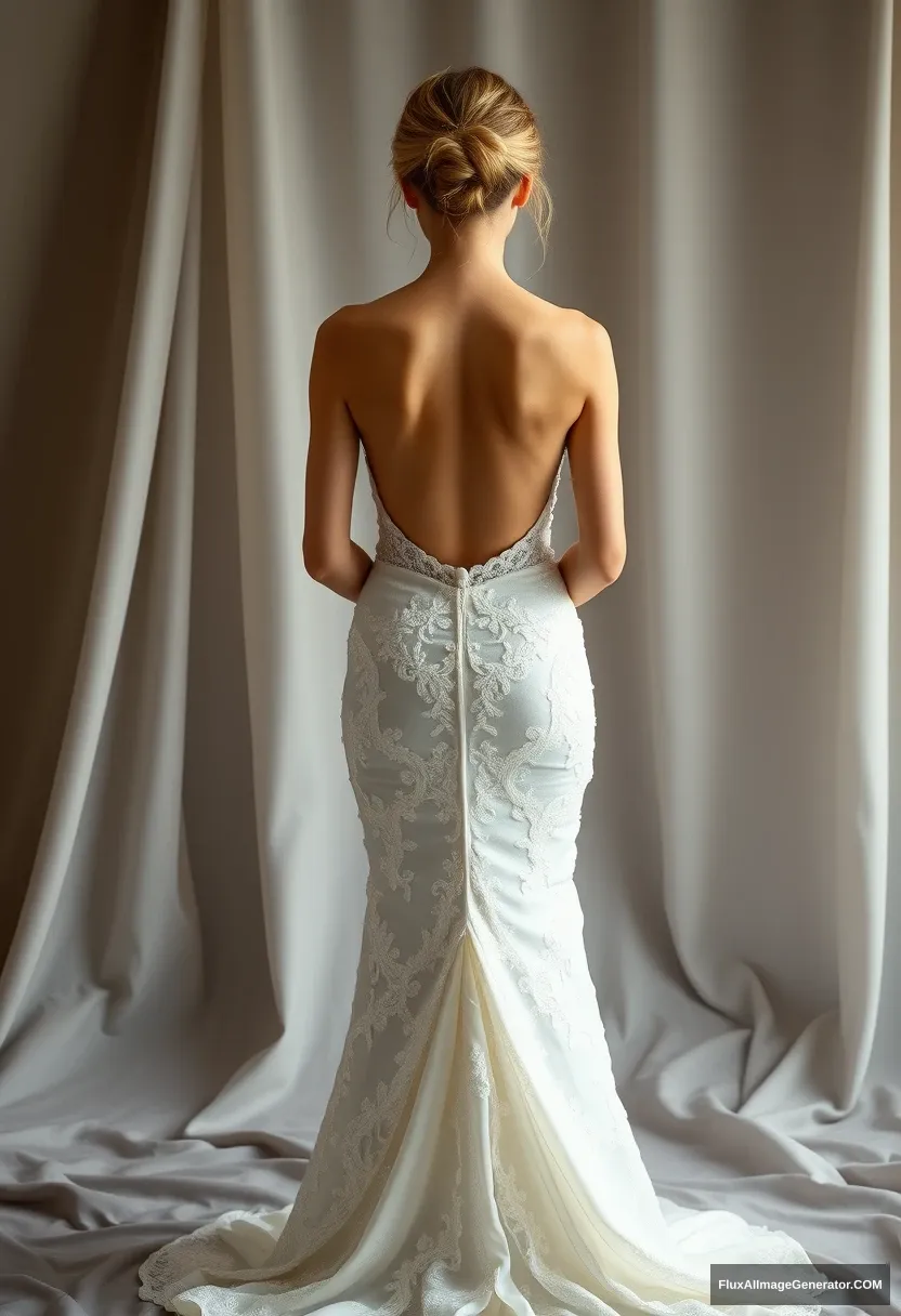 a short young woman, sensitive, delicate, ashamed, backless strapless side-less low-waisted open-back contouring wedding dress that seems like it's going to come undone, in front of patriarchy, expectations