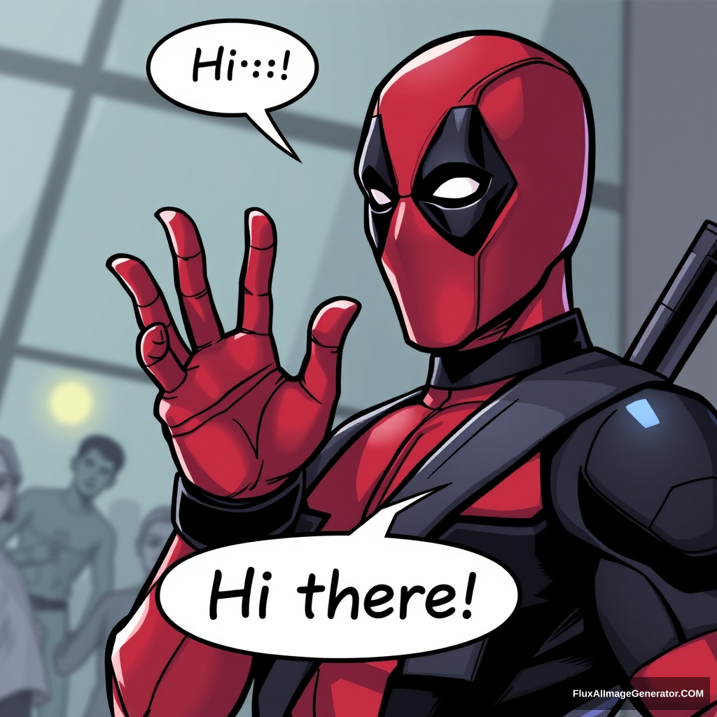 Deadpool, speech bubble "Hi there", waving to viewer - Image