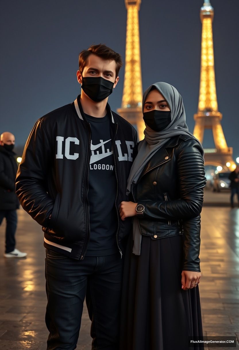 Jamie Dornan, young, black face mask, London college jacket, Nike t-shirt, jeans, tall man, fit body,

Dating, love with the biggest grey hijab Muslim girl, beautiful eyes, black face mask, leather jacket, largest longest skirt, cute short girl,

standing near the Eiffel Tower, night scenery, hyper-realistic, photorealistic, street photography.