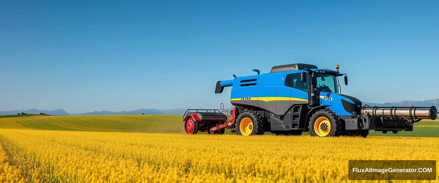 High resolution photography of a tractor pulling a spectrometer on a rainbow field in Tuscany. The combine harvester has a ZEISS logo on it and is blue. The sky is blue as well, and in the background, there are mountains.