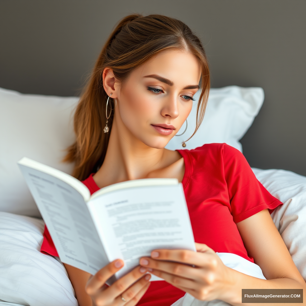 A very pretty skinny 28-year-old, Ally Hinson, with brown hair tied back in a ponytail, wearing a red T-shirt, is laying in bed reading about skin imperfections.