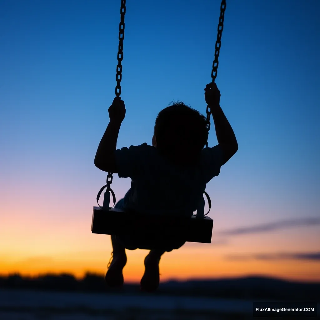 The little boy swings in the twilight.