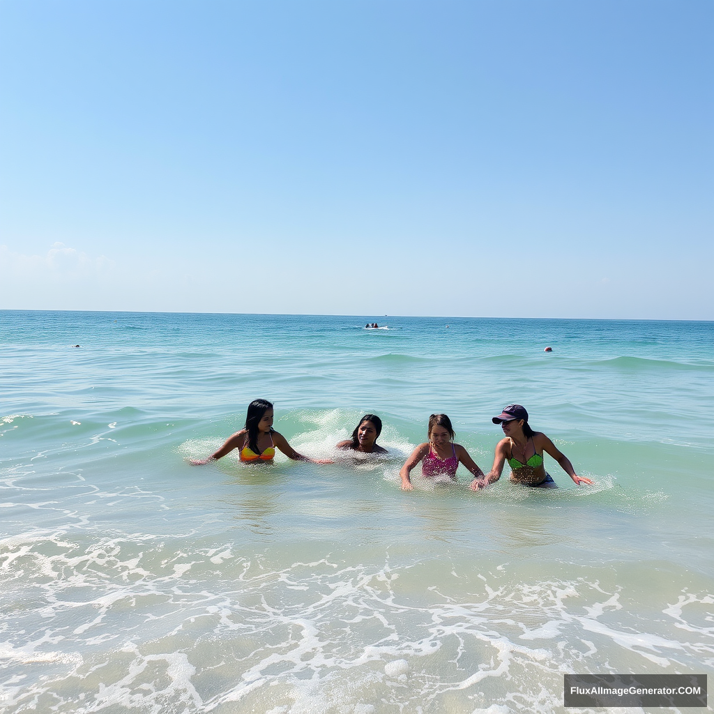 Seawater, beach, sunshine, a group of girls playing in the water. - Image