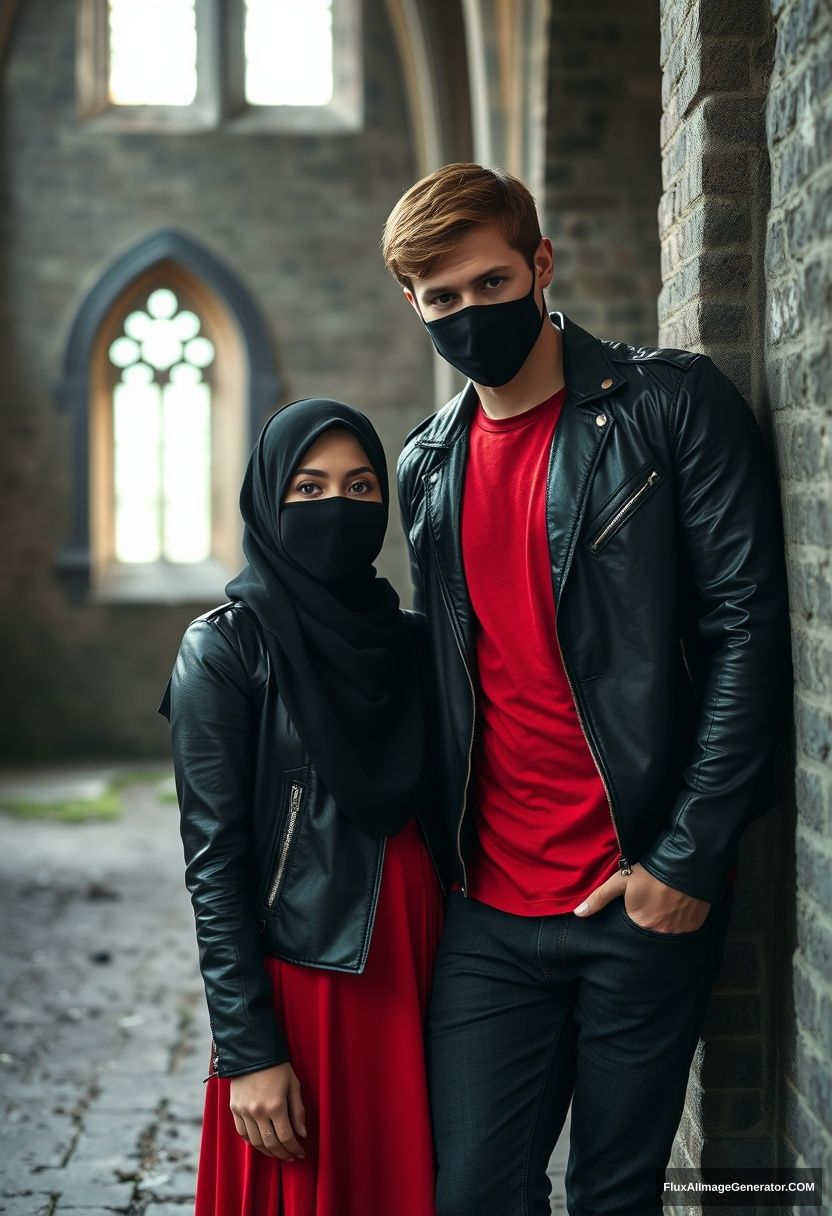 A biggest black hijab girl, beautiful eyes, face mask black, black leather jacket, biggest red longest dress, not tall, leaning against him,

Jamie Dornan, handsome, face mask black, fit and tough body, Nike red t-shirt, black leather jacket, jeans, tall man, leaning against the wall

Hyper-realistic, photorealistic, studio photography, Victoria's abandoned castle, gloomy.