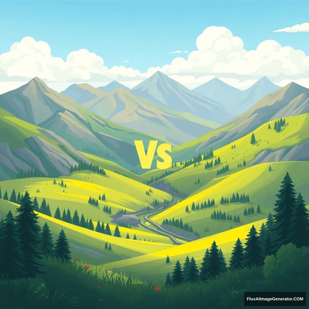 Digital illustration of a beautiful valley, with the text "VS" written in the middle; the overall mood is playful, suitable for a kid-friendly game.