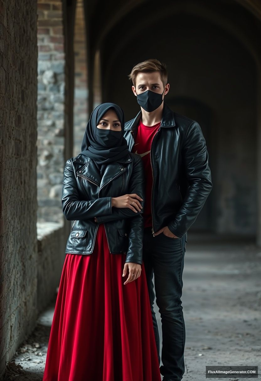 A biggest black hijab girl, beautiful eyes, face mask black, black leather jacket, biggest red longest dress, not tall,

Jamie Dornan, handsome, face mask black, fit and tough body, Nike red t-shirt, black leather jacket, jeans, tall man, standing lean against the wall together

Hyper realistic, photorealistic, studio photography, Victoria's abandoned castle, gloomy, darkness. - Image