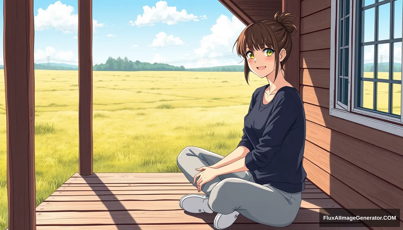 A woman in her 30s with a lovely smile and a bun hairstyle is sitting cross-legged on the veranda of a house overlooking a grassland. She is wearing casual clothing, and there is a lot of outside scenery. A detailed anime-style drawing of the woman. - Image