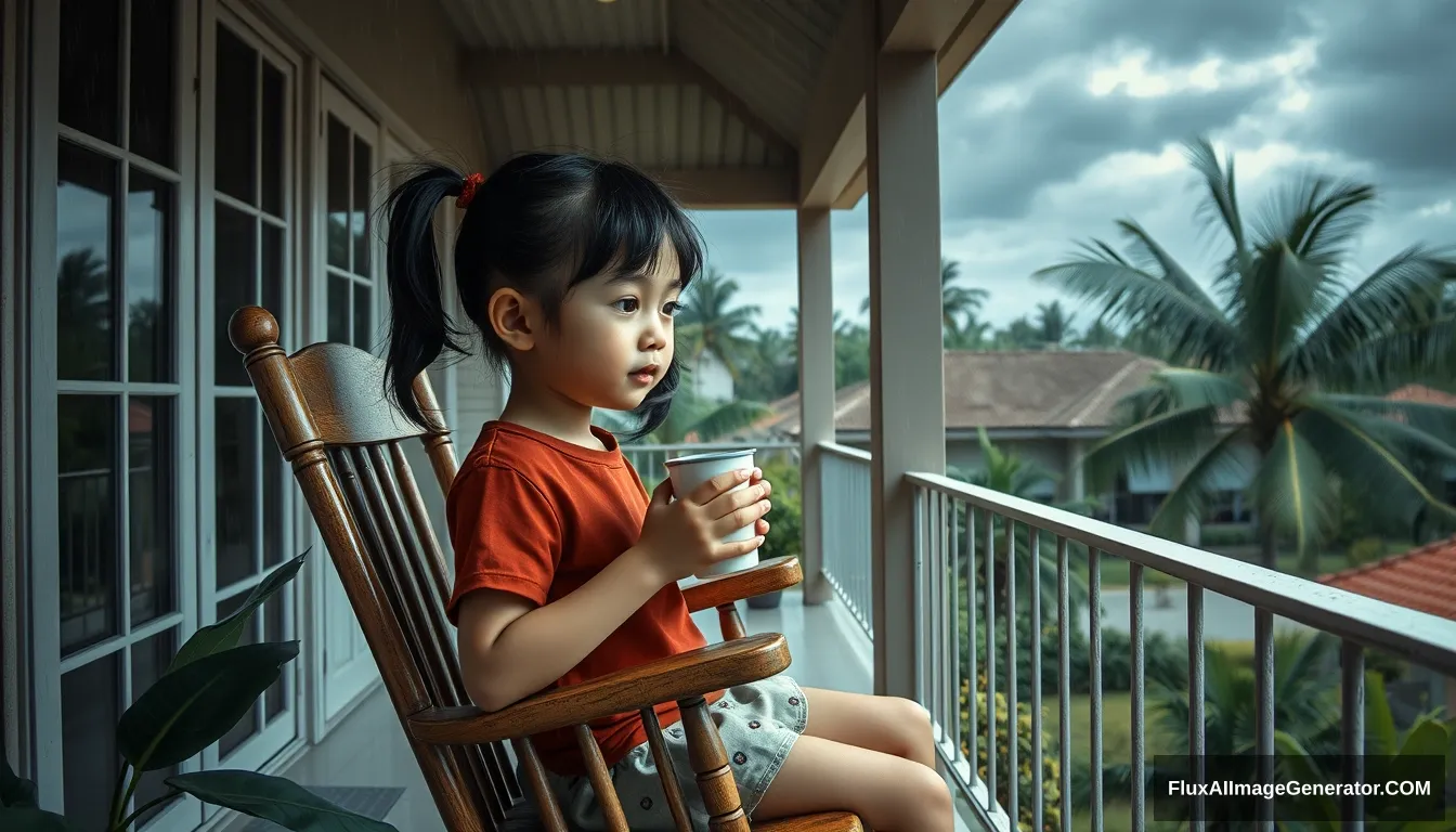 the style of Hirohiko Araki Kubrick, a 3-year-old Thai beauty girl, with ponytails, wearing brown red t-shirt, sitting on a rocking chair, sipping hot coffee, chilling on the balcony of a house in Chonburi, enjoying the morning atmosphere with dark blue clouds, cool wind in front of the house, with a garden, banana trees, coconut trees, heavy rain atmosphere, Oil painting, sharp 3d, 40k, pastel colour