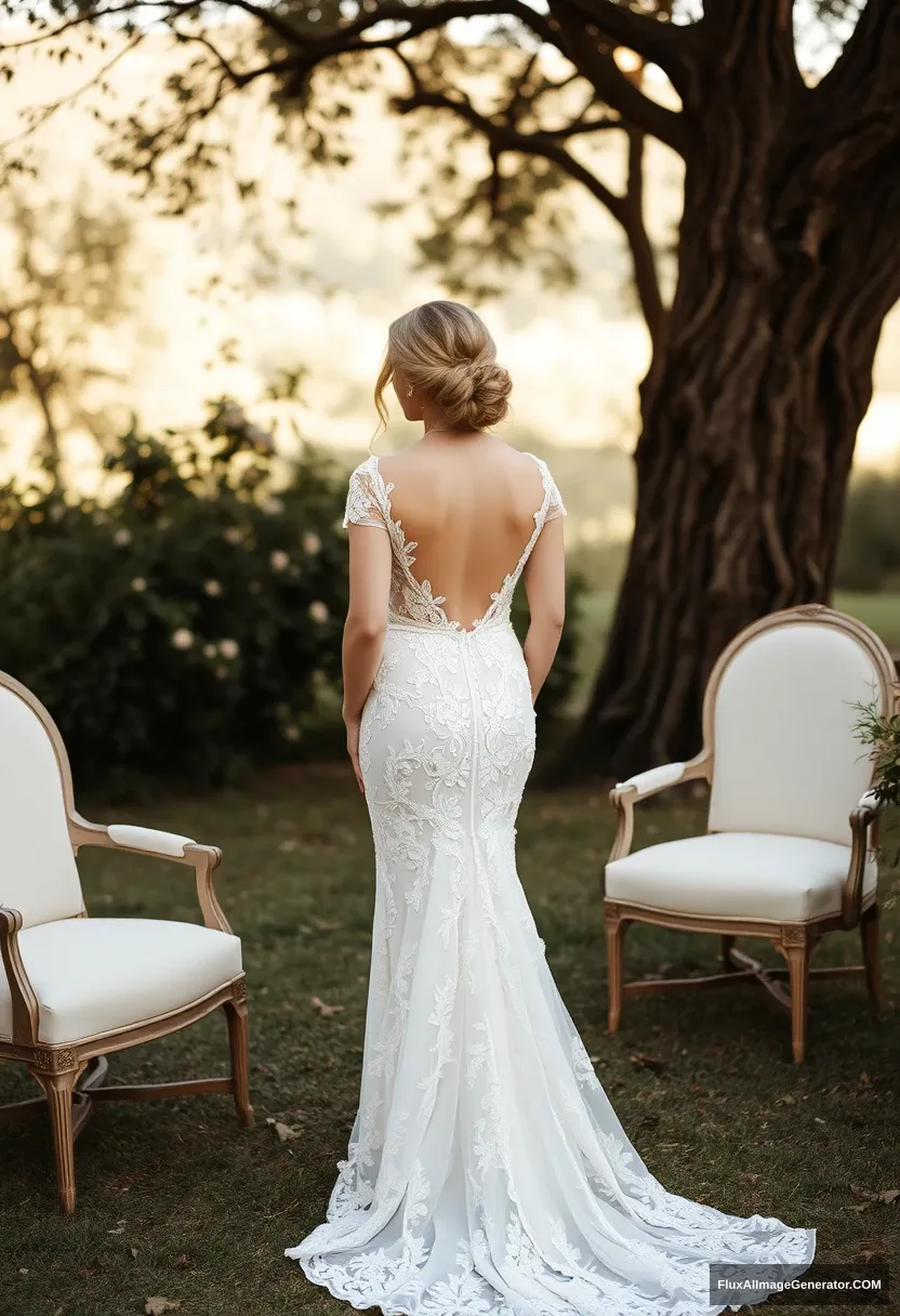 a young woman, sensitive, delicate, backless wedding dress