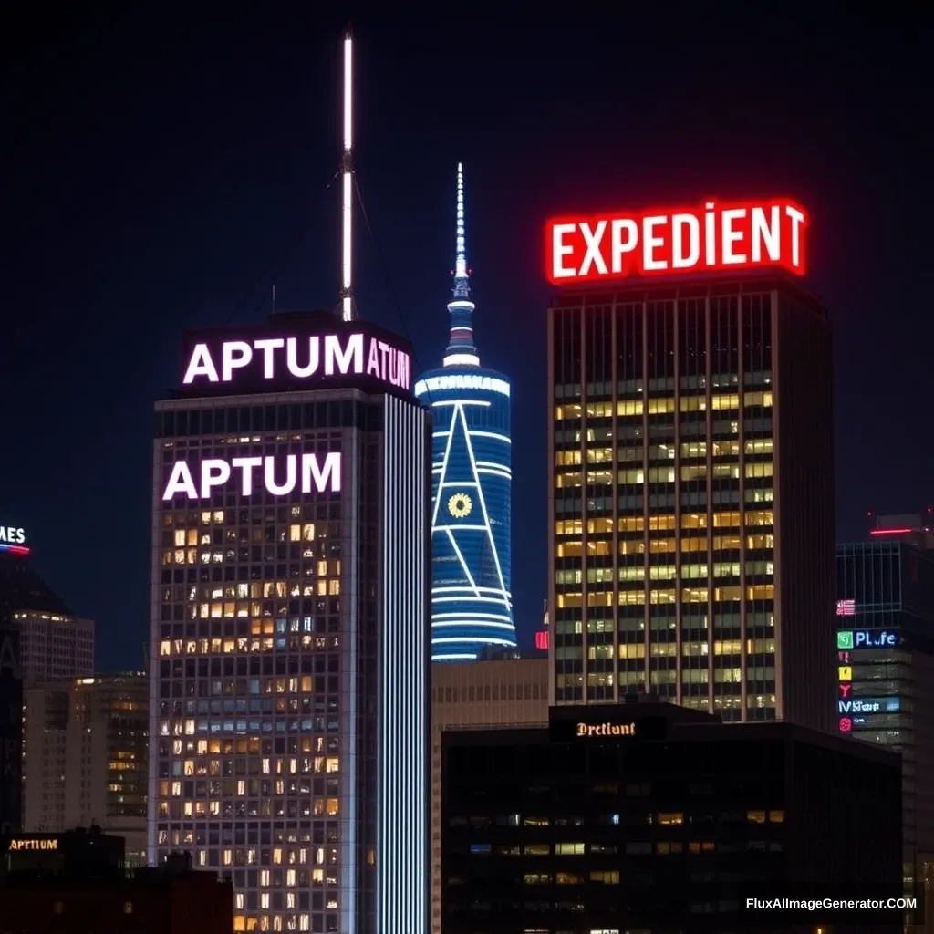 An image of a city with two large buildings in the foreground. The building on the left says Aptum in large letters on the face of the top of the building on the right says Expedient in large red letters on the face of the top. The style of the image should be colorful, brightly lit, and at night. - Image