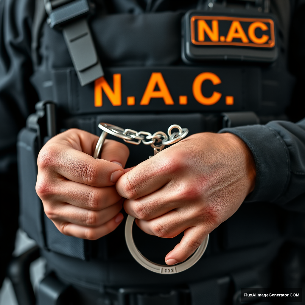 A soldier in black gear with a black and orange inscription N.A.C. on his vest is wearing handcuffs, a shot of his hands in handcuffs in front of him.