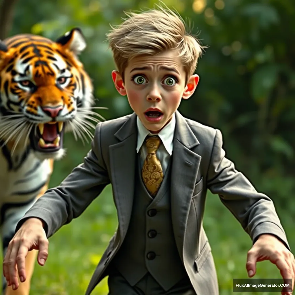 Cute skinny guy in a 3-piece suit. He looks scared as he's being attacked by a tiger. - Image