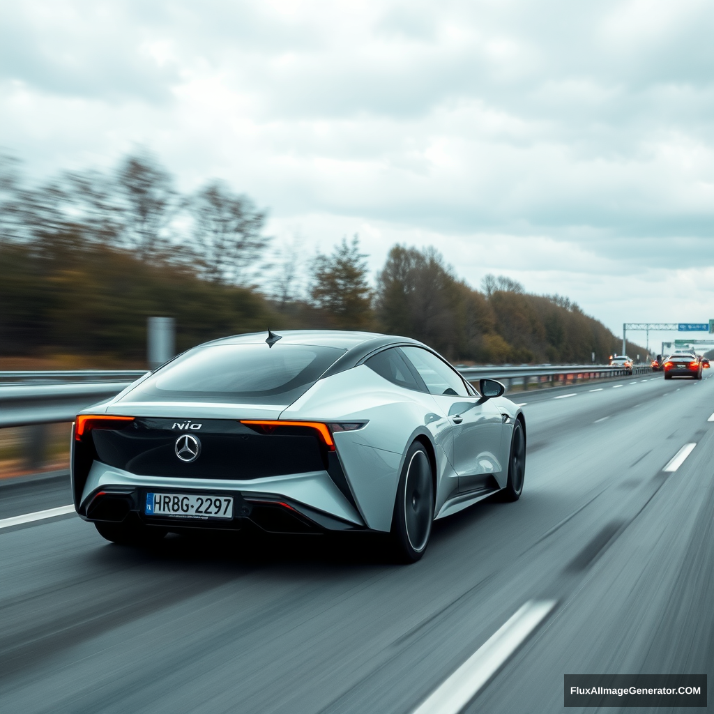 A NIO car is speeding on a highway in Germany, signaling to change lanes.