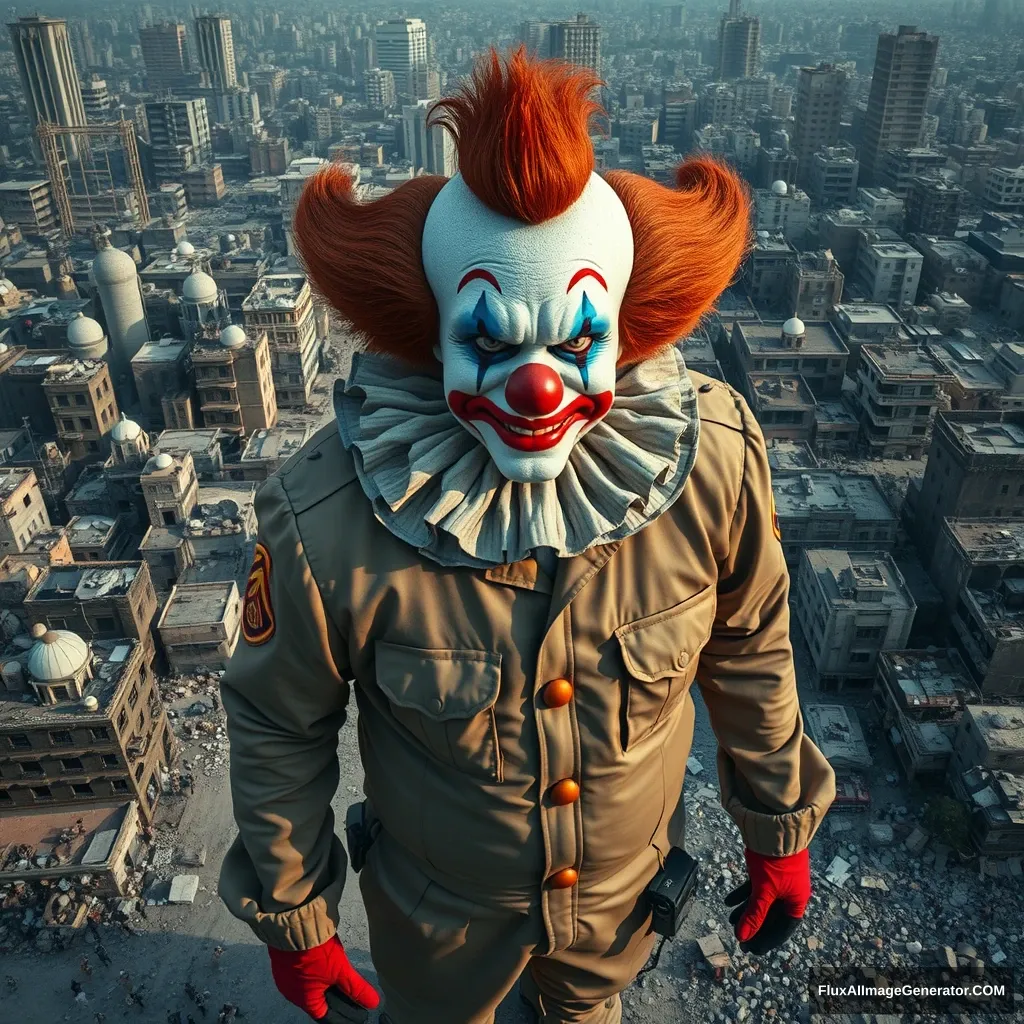 A crying gigantic clown in an IDF uniform standing in the middle of a city in ruins. Bird's-eye perspective from some distance. Hyperreal.