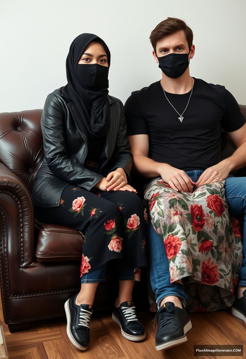 A tallest black hijab girl, slim girl, beautiful eyes, black face mask, black leather jacket, biggest floral long dress, black leather sneakers, sitting on a leather single wing sofa, Jamie Dornan, youngest, silver necklace for men, black T-shirt, jeans, black leather sneakers, tall man, black face mask, fit body, sitting near her, hyper-realistic, studio photography.