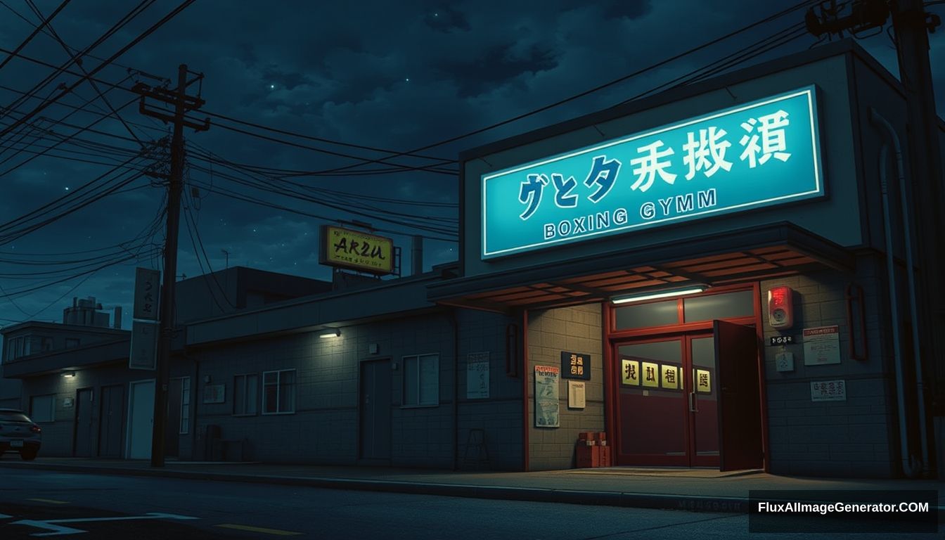 Outside of a boxing gym at night, in the style of Katsuhiro Otomo's Akira film, aesthetically pleasing --ar 3:2.