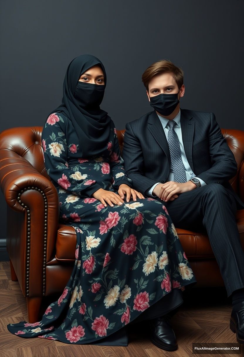 A biggest black hijab girl, slim girl, beautiful eyes, face mask black, biggest floral longest dress, sitting on leather single wing sofa,

Jamie Dornan, youngest, black suit coat, grey pattern tie, black leather sneaker, tall man, face mask black, fit body, sitting near her,

hyper realistic, studio photography.