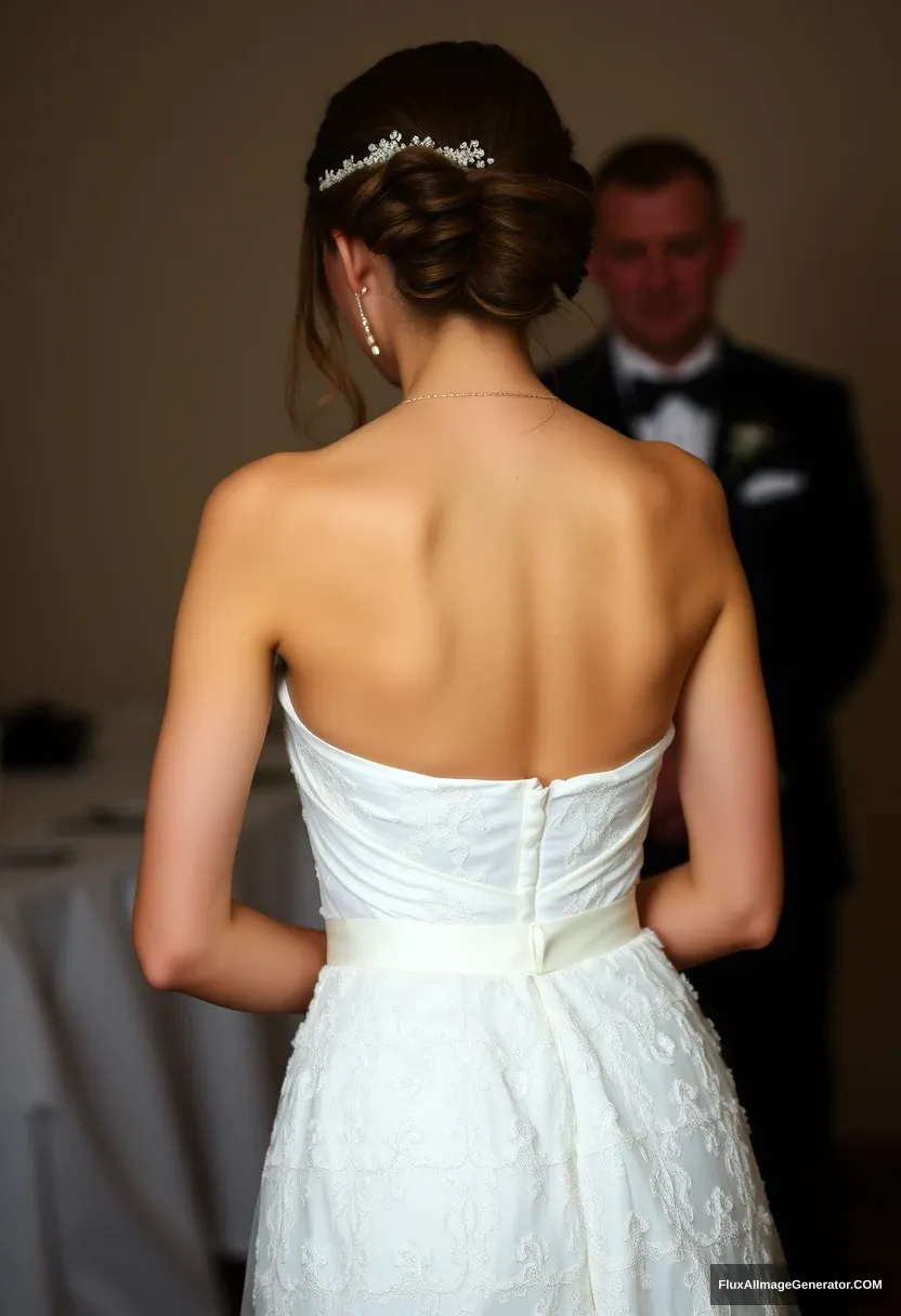 A young woman, sensitive, delicate, ashamed, backless strapless small-waisted wedding dress, in front of patriarchy, helpless.