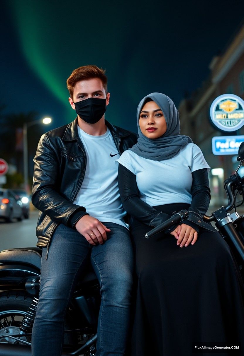 Jamie Dornan, tall and young, wearing a black face mask, a white Nike T-shirt, and jeans, is dating a beautiful Muslim girl in a grey hijab with striking eyes, also wearing a black face mask, a leather jacket, and a very long and large skirt. She is not tall. They are sitting together for a photo on a Harley Davidson motorcycle in town, captured in a photorealistic style involving street photography, at night with an aurora borealis backdrop. - Image