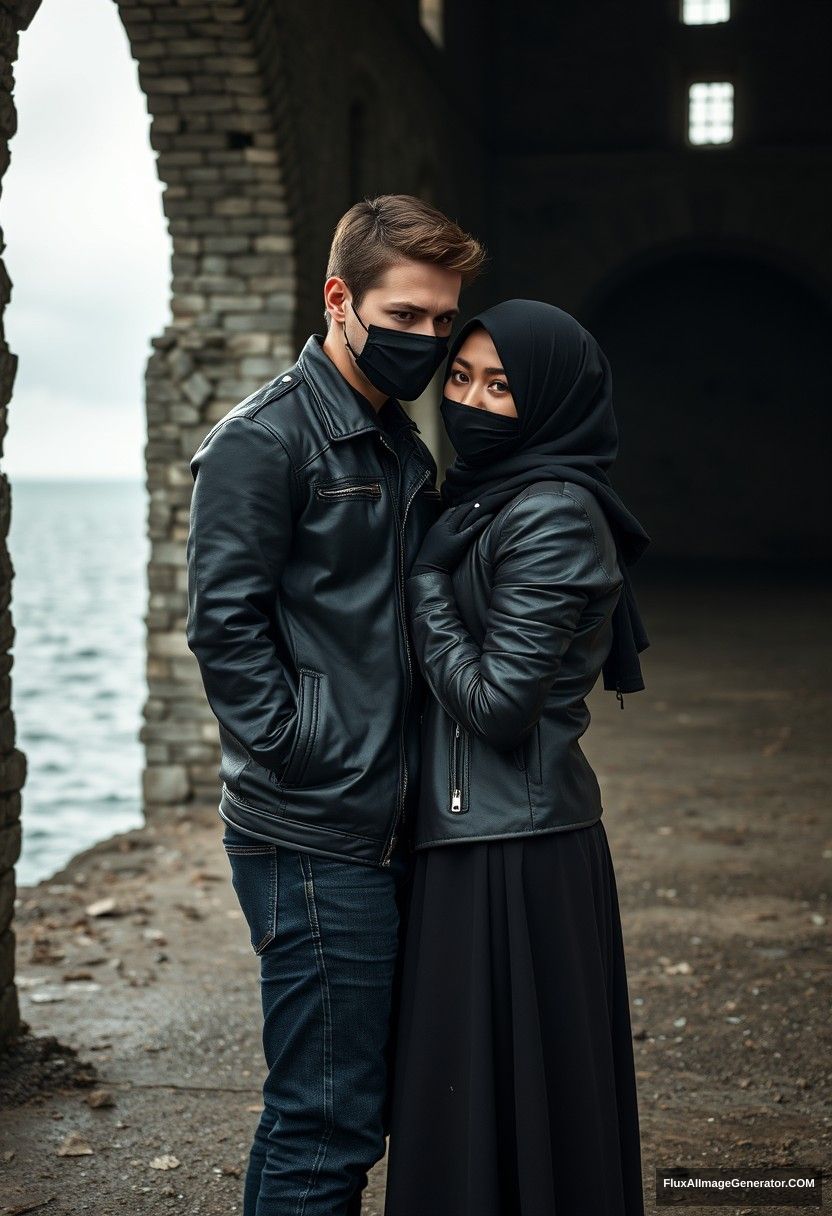 Jamie Dornan's head and body shot, handsome, youngest, black face mask, black leather jacket, jeans, dating, love with the biggest black hijab Muslim girl, not tall, beautiful eyes, face mask, maroon leather jacket, biggest black skirt, holding his face, hyper-realistic, studio photography, full-body photo, exploring an abandoned castle, at sea, gloomy scenery.