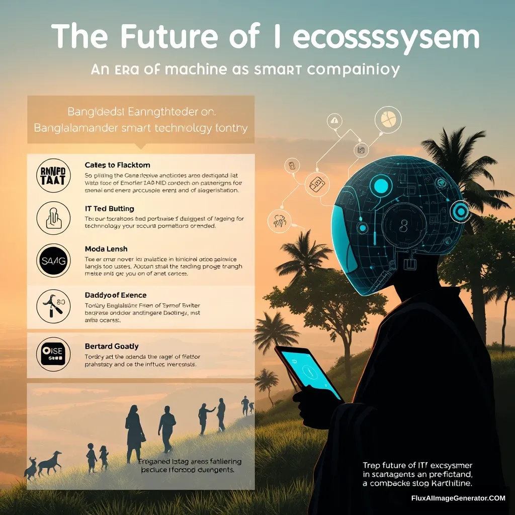 Infographic poster for The future of IoT ecosystem: An Era of Machine as Smart Companion. Bangladesh Landscape, people of Bangladesh using smart technology.