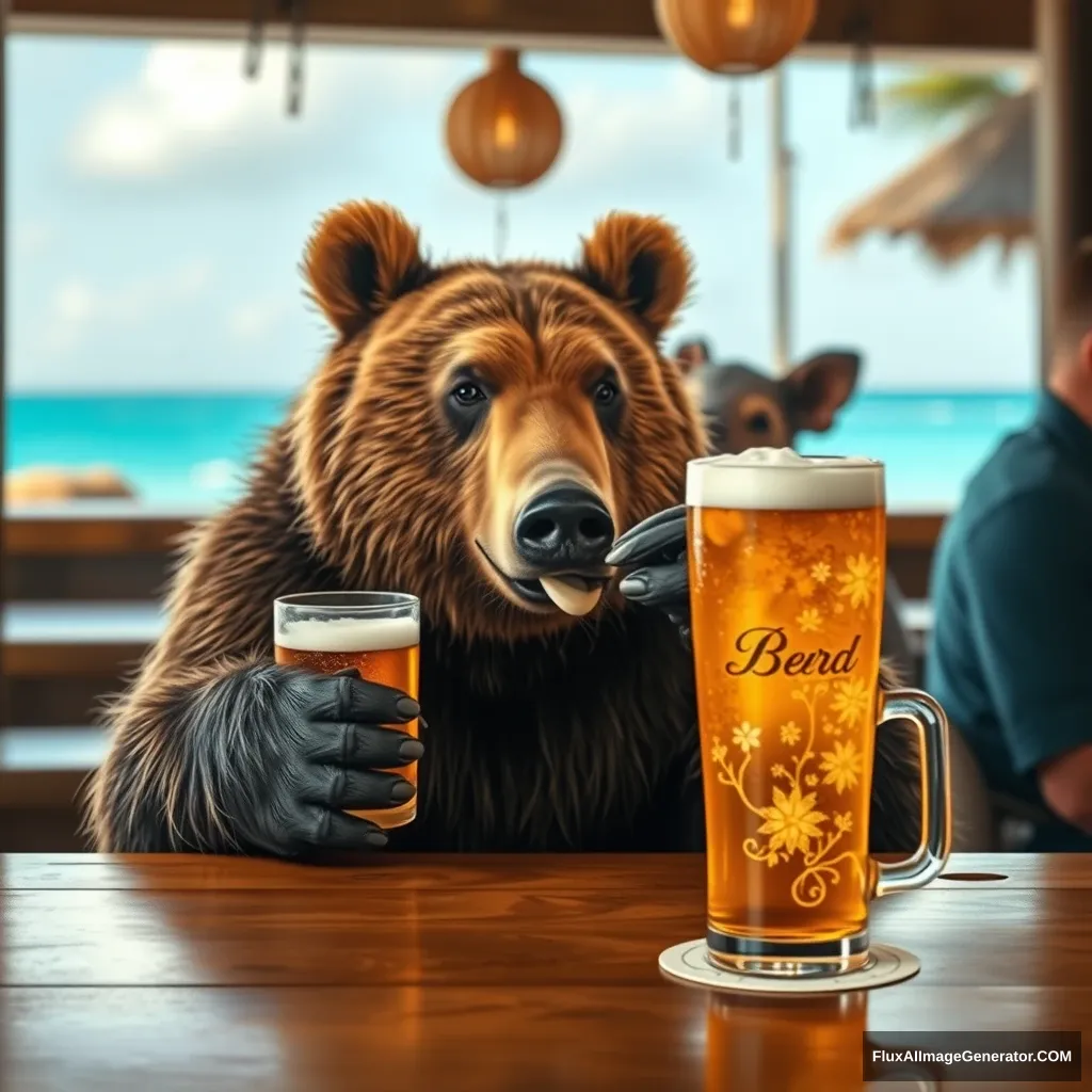 A bear having a beer at a bar with a boar in Bermuda realistic high-res photo live natural. - Image