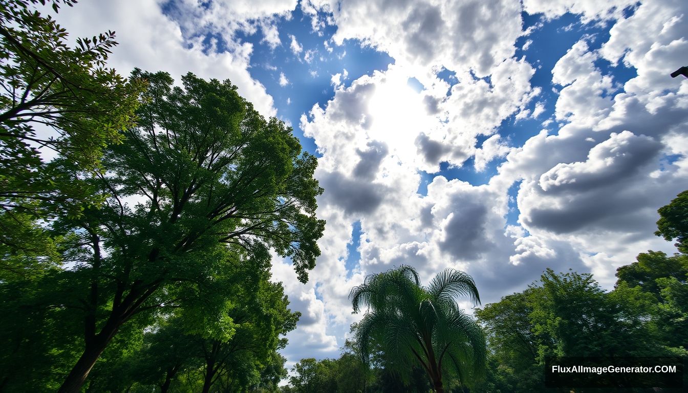 city park, look up view cloudy sky, sunlight, 50mm lens, hyper realistic, landscape photography, magazine aesthetic, 16k, vibrant colors --style raw --ar 16:9 --v 6.0