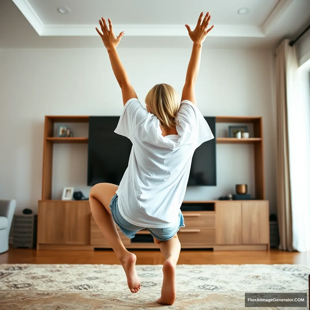 Side view angle of a blonde skinny woman who is in her massive living room wearing a massively oversized white t-shirt that is also very off-balance on one of the sleeves for the shoulders, and wearing oversized light blue denim shorts. She is barefoot and facing her TV, diving head first into it with both arms raised below her head and her legs high up in the air, positioned at a 60-degree angle.