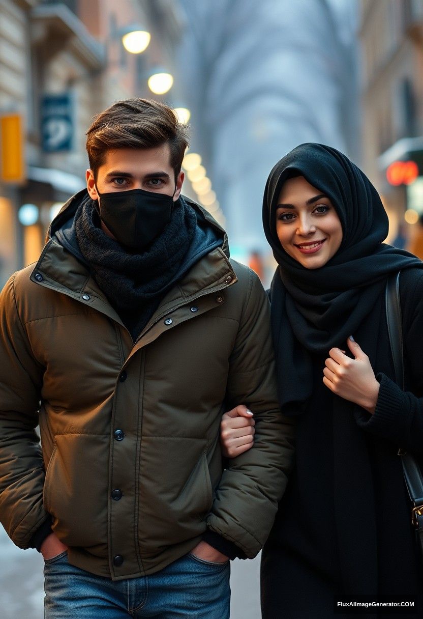 Jamie Dornan, handsome, young, black face mask, snow jacket, jeans, dating a beautiful girl in a big black hijab with lovely eyes, black face mask, snow jacket, winter scenery, walking together in town, hyper-realistic, street photography.