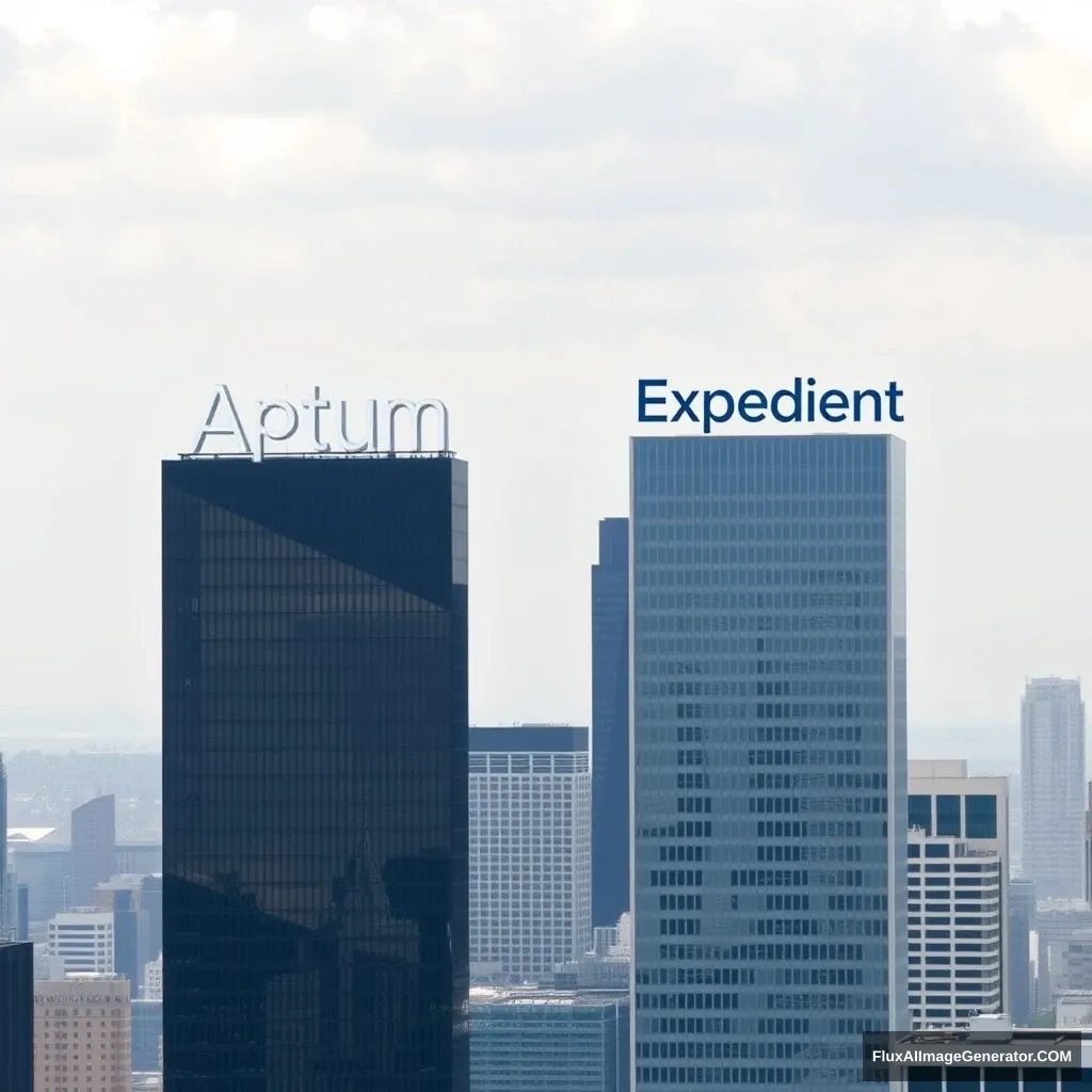 An image of a city with two large buildings in the foreground. The building on the left has the Aptum logo in large letters at the top and the building on the right has the Expedient logo in large letters at the top.