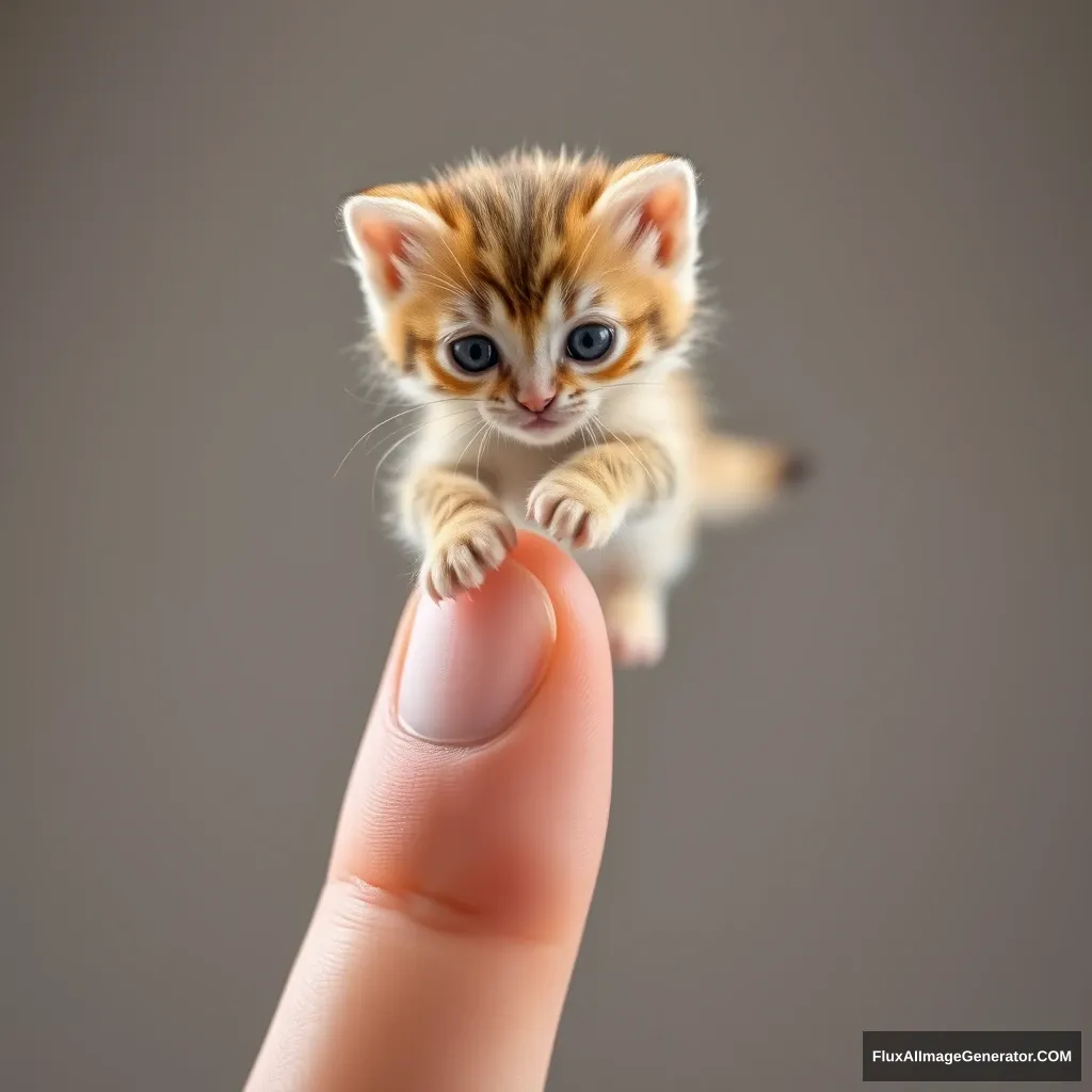 A high-quality macro photo of a cute super tiny kitten standing delicately on the end of a pointed human index finger, all four paws on the finger, walking towards the base. The human finger should be clearly visible, highlighting the kitten's unrealistically tiny size in comparison. The background should be softly blurred to focus attention on the kitten and the finger. --ar 16:9 --stylize 400 --v 6.1 - Image