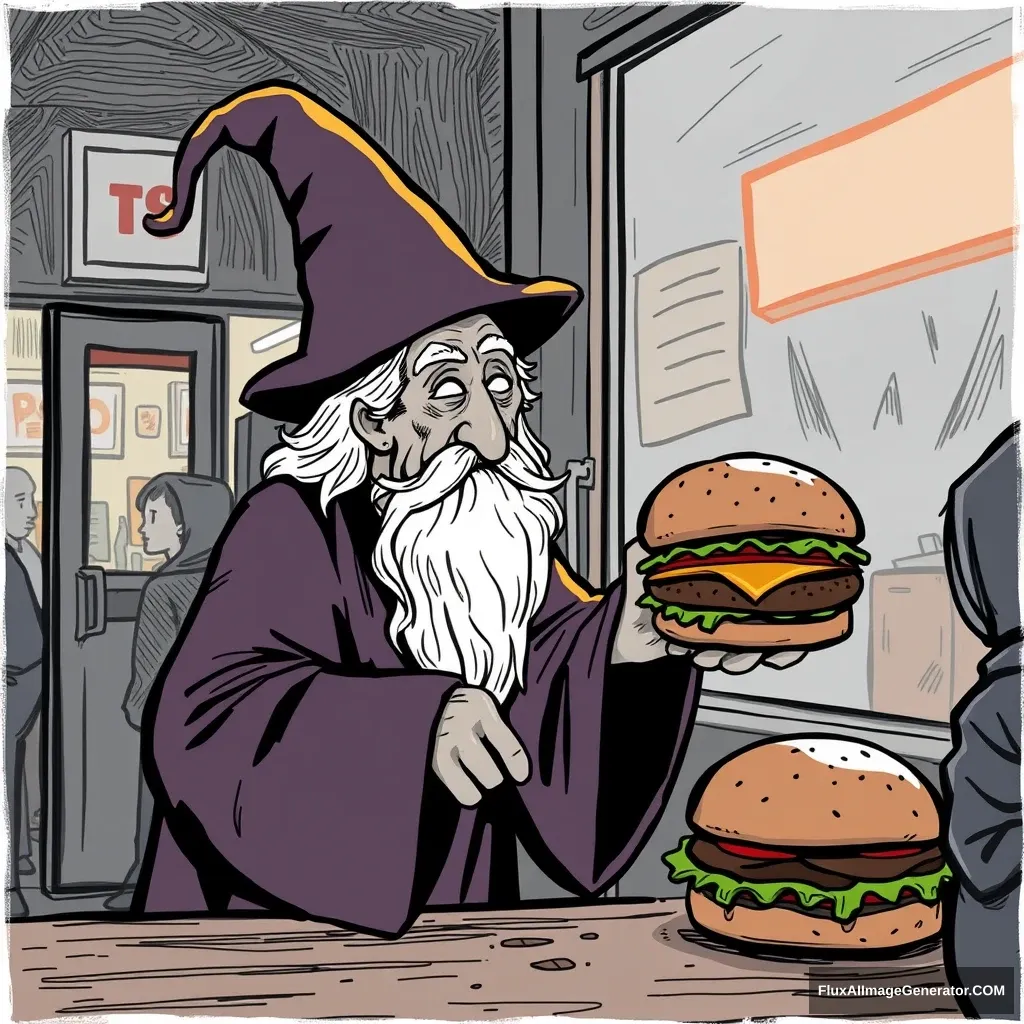 The wizard tries to buy a hamburger, but because no one understands him, he gets mad. - Image