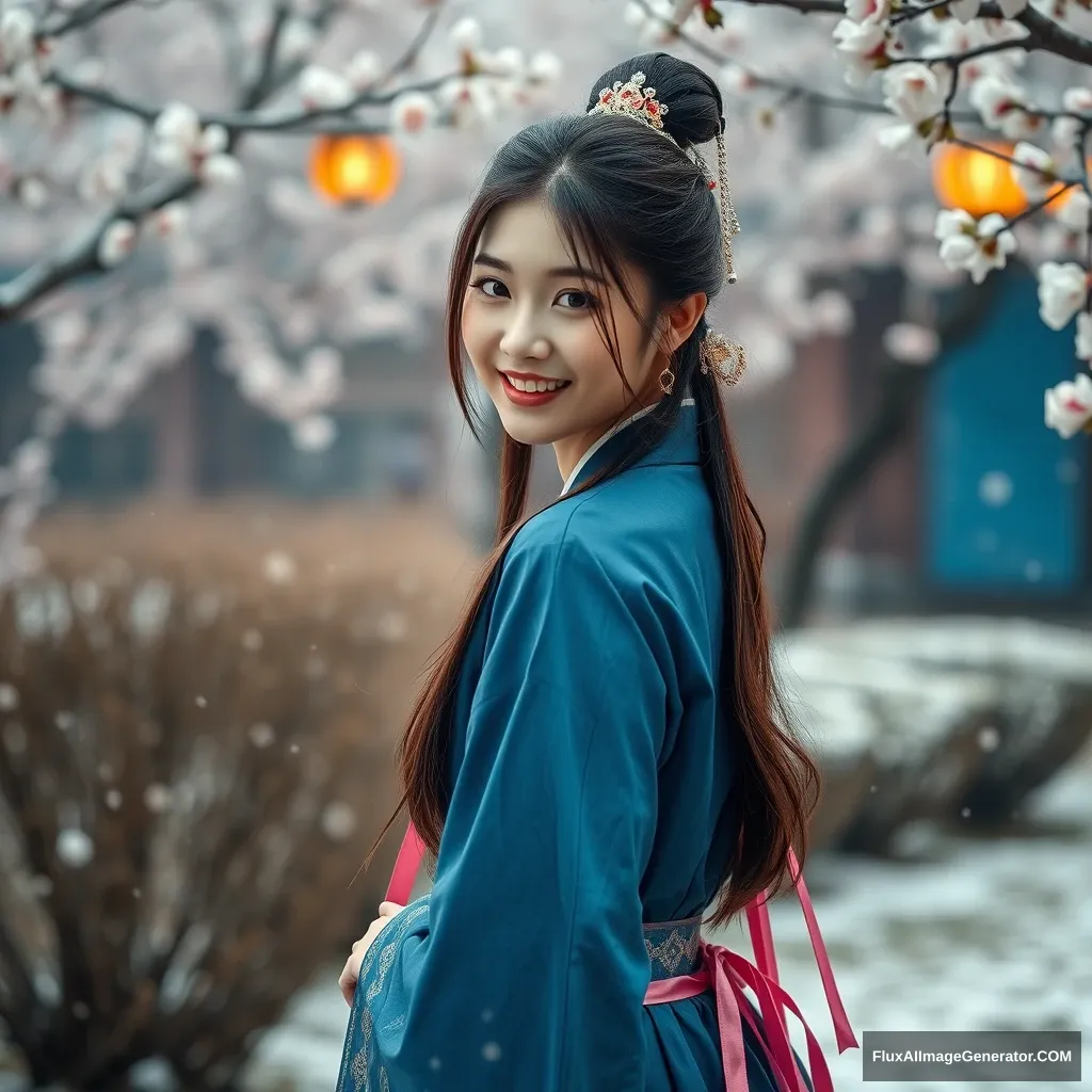 An 18-year-old beautiful Asian girl, wearing an ancient blue Hanfu, elegantly turns her head and smiles, ribbons flowing down, in an outdoor plum blossom garden, with snow on the ground, snowflakes falling, 4K, ultra high definition, realistic, masterpiece, best, cinematic, aspect ratio 16:9.