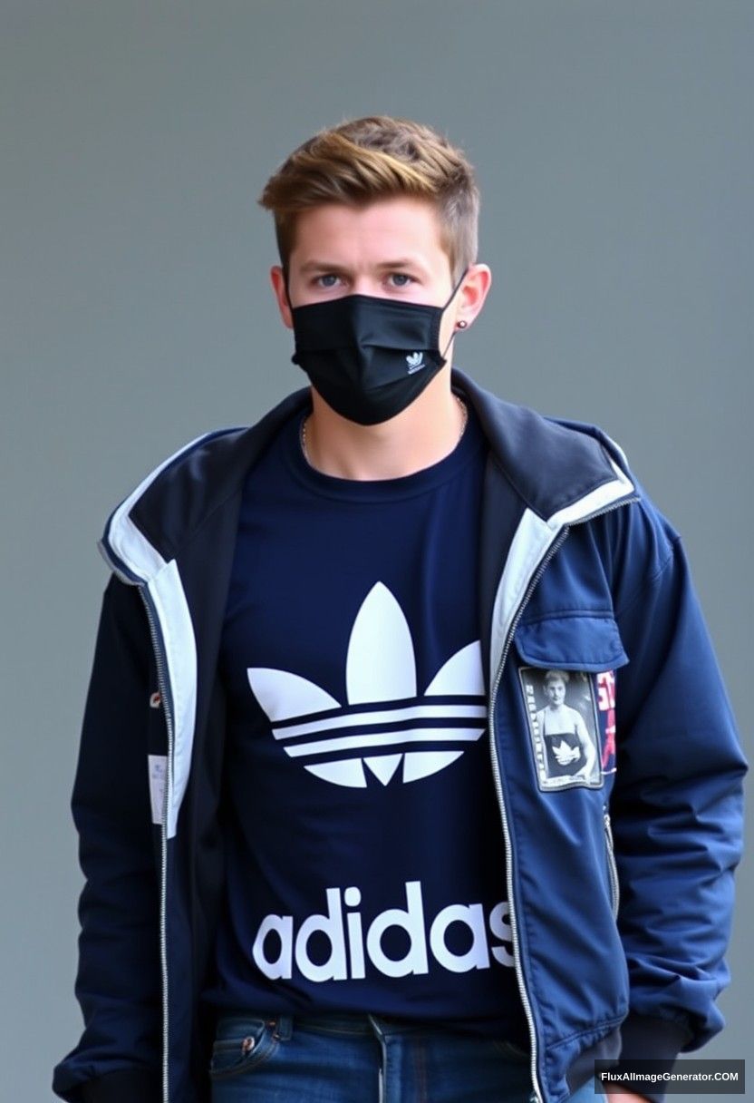 Jamie Dornan, youngest, black face mask, dark blue Adidas T-shirt, collage jacket, jeans.