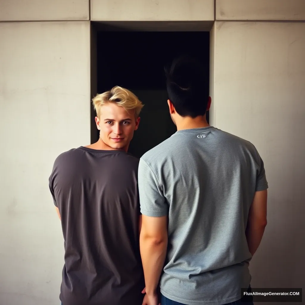 blonde man and pony-tailed black-haired man standing behind the wall holding each other's hands