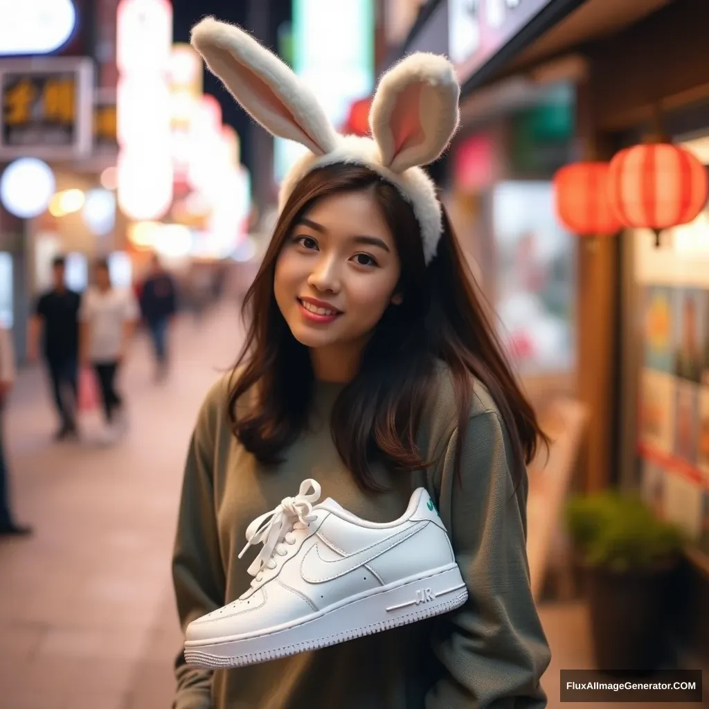 Asian woman, wearing rabbit ears and Nike shoes.