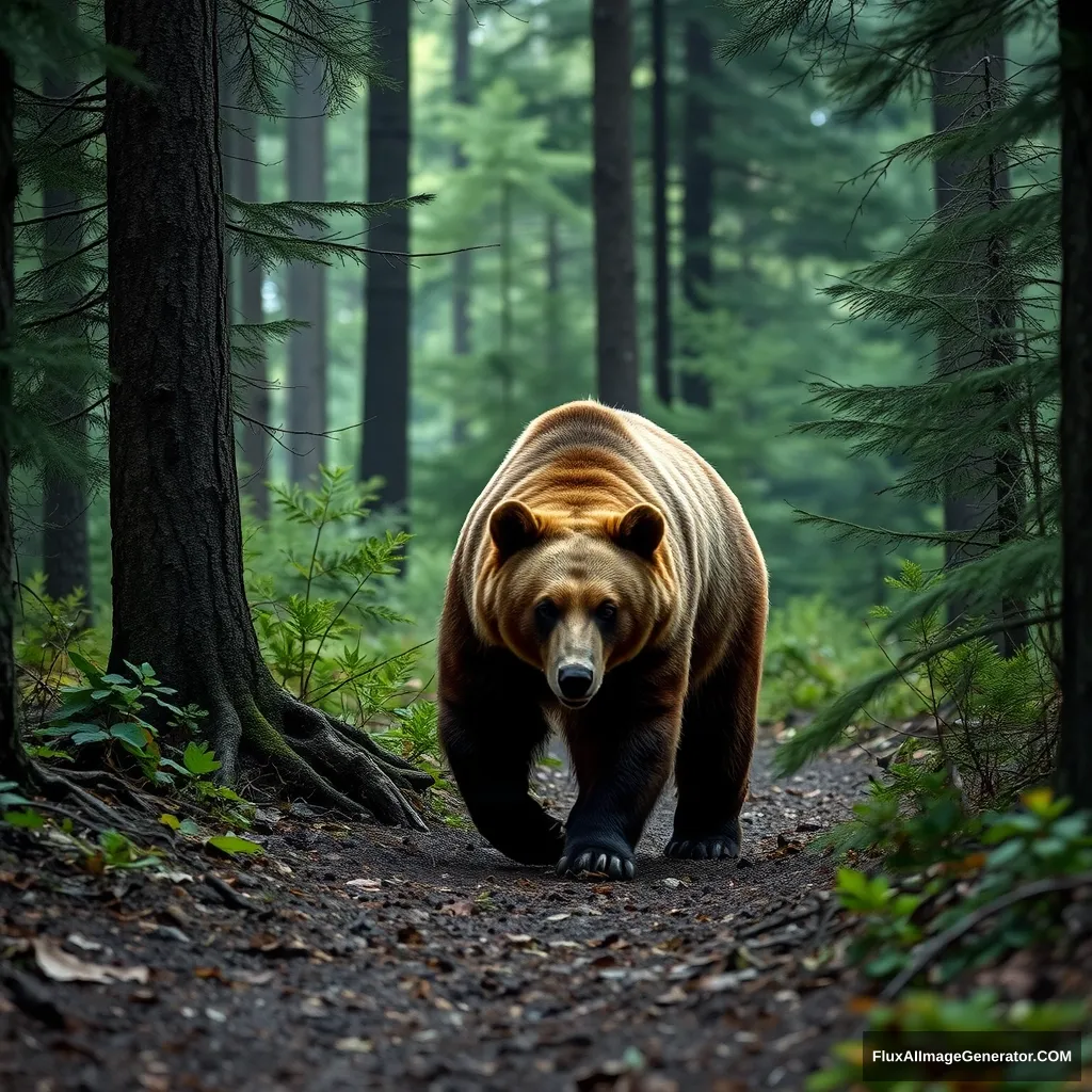 a realistic photograph of a bear walking in a forest