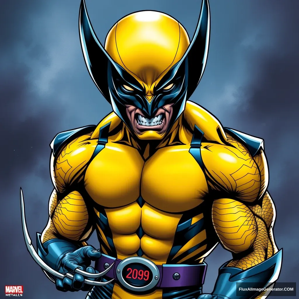 Wolverine Marvel character in the year 2099. Full body image from head to toe. In the style of Marvel Metal by Fleer. - Image