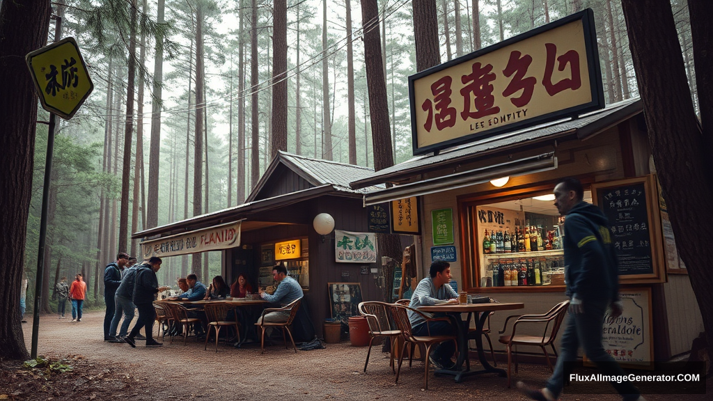 Real-life photography, wide shot: In the forest, there are two small shops selling alcohol, with tables and chairs set up outside, where many young men and women are drinking and chatting. A zombie (like the zombies from Plants vs. Zombies) walks by. There are Chinese letters or Japanese letters. - Image