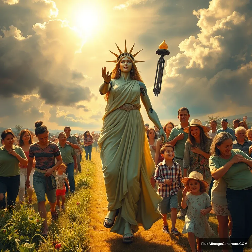 A powerful and inspiring image depicting the concept of freedom and food sovereignty. In the foreground, a goddess symbolizing freedom leads the people towards a bright future, reminiscent of the iconic painting 'Liberty Leading the People.' The lady appears mostly human, with only about 10% of her body showing robotic elements, such as a mechanical arm or eye. She is surrounded by families and individuals who are joyous and supportive, embracing and helping each other. The scene is vibrant and full of hope, capturing the essence of unity, progress, and decentralized, family-based agricultural production.