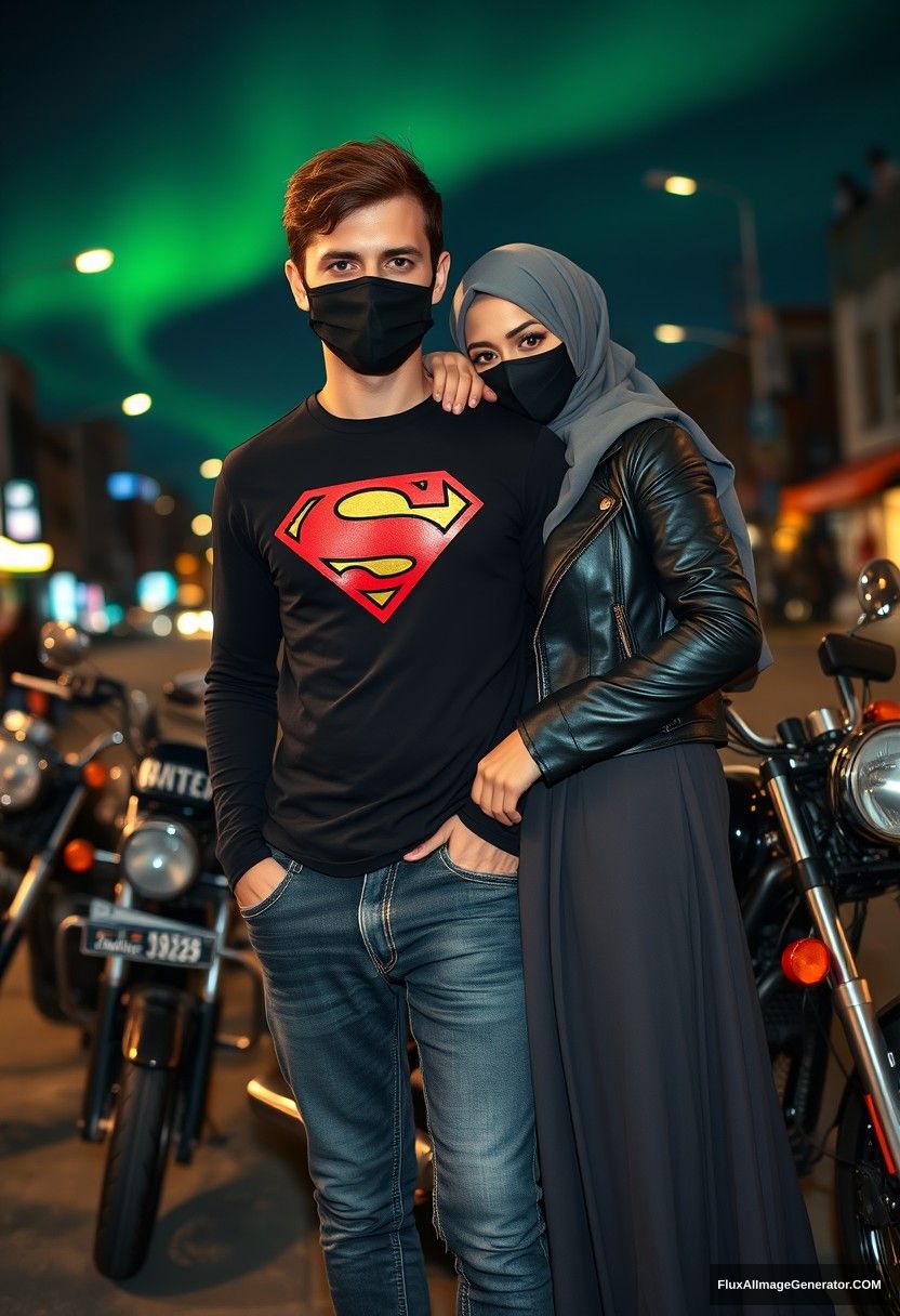 Jamie Dornan, tall, young, wearing a black face mask, a long-sleeve black Superman T-shirt, and jeans, 

dating a beautiful, grey-hijab-wearing Muslim girl with striking eyes, also in a black face mask, a leather jacket, and a very long and wide skirt, who is not tall,  

lying on his shoulder, standing near motorcycles for a photo shoot, Harley Davidson model, in town, photorealistic street photography, night scenery, aurora borealis. - Image