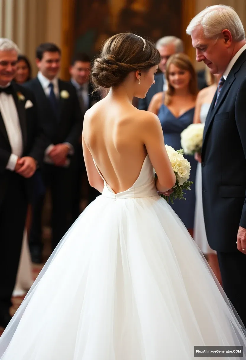 A petite young woman, sensitive, delicate, girly, backless strapless side-less low-waisted V open cut line contouring wedding dress. Fawning obediently mingling with fathers. Expectations. Perfect posture. Pale skin. - Image